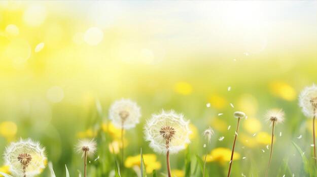 Sunlit dandelions with floating seeds against a vibrant yellow backdrop, symbolizing spring and serenity. Generative AI photo