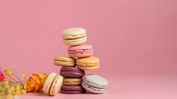 A stack of colorful macarons. Web banner with copy space. Generative AI photo