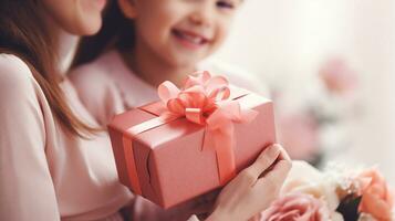 calentar madre hija momento, un joven niña recepción un regalo. generativo ai foto