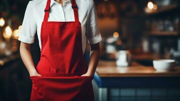 Elegant barista in white shirt and red apron stands ready in a cozy, well-lit cafe, with mugs and a rustic ambiance. Generative AI photo