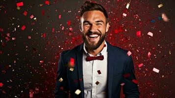 Joyful man in formal attire amidst a celebratory confetti shower, exuding happiness and confidence. Generative AI photo