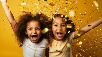 Two jubilant kids with wide smiles surrounded by flying colorful confetti. Generative AI photo