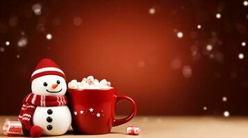 Adorable snowman with a warm scarf next to a red mug filled with marshmallows, set against a glowing red background. Generative AI photo