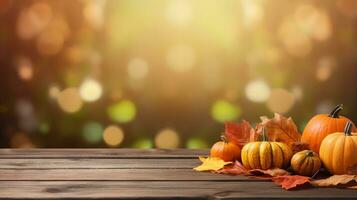 Autumn composition with pumpkins and fallen leaves on a wooden surface against a bokeh background. Generative AI photo
