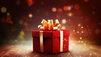 A dazzling red gift box adorned with a silky bow, radiating festive glimmers against a bokeh background. Generative AI photo