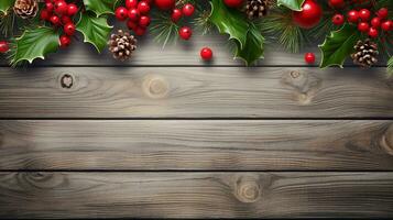 Snow-covered red berries and pine branches create a festive border on a rustic wooden backdrop. Generative AI photo