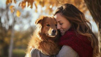 perro y mujer, primavera o otoño día en parque. generativo ai foto