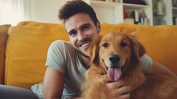 Happy dog and man together, friend of people at home. Generative AI photo