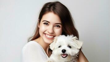 Dog and woman together, pet and owner love, isolated white background. Generative AI photo