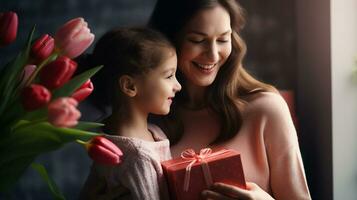 calentar madre hija momento, un joven niña recepción un regalo. generativo ai foto