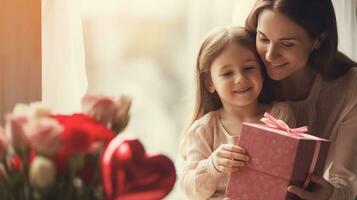 Warm mother-daughter moment, a young girl receiving a gift. Generative AI photo