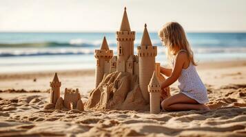 joven niño edificio un castillo de arena en un soleado playa, verano y vacaciones tema. generativo ai foto