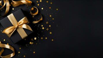 Elegant black gift box with shimmering gold ribbon surrounded by golden confetti on a dark background. Generative AI photo