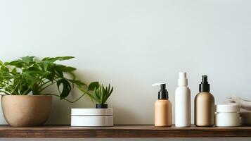 Displaying a set of organic skincare products, neatly organized on a wooden shelf with plants in the background. Generative AI photo