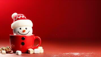 Adorable snowman in red mug filled with marshmallows, set against a red background. Generative AI photo