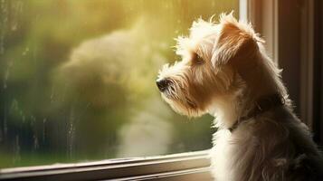 Sad dog looking out the window, alone at home. Generative AI photo
