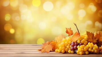 Autumnal setting with colorful grapes and fallen leaves on a wooden table against a luminous bokeh background. Generative AI photo