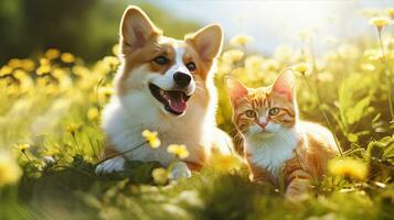perro y gato juntos, mascotas, primavera o verano naturaleza. generativo ai foto