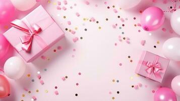Birthday background, flat lay. Pink gift box, balloons and confetti on the table. Generative AI photo