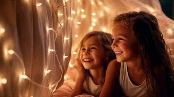 Children at a sleepover, giggles and whispers in a room lit by fairy lights. Generative AI photo