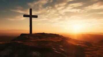 Wooden cross silhouette against a dramatic sunset sky on a hill, symbolizing hope and faith. Generative AI photo