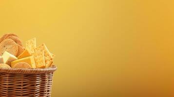 A basket of cheese and crackers. Web banner with copy space. Generative AI photo