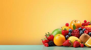 Fresh fruits, food background. Web banner with copy space. Generative AI photo