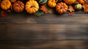 Autumn composition with pumpkins, pinecones, and maple leaves on a rustic wooden background. Generative AI photo
