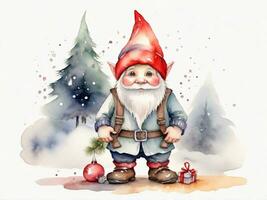 santa claus drawing cartoon style and christmas tree on white background, watercolor photo