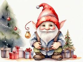 santa claus drawing cartoon style and christmas tree on white background, watercolor photo