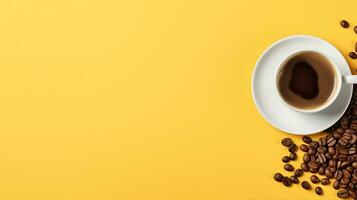 A steaming cup of coffee on a saucer with scattered roasted coffee beans on a vibrant yellow background. Generative AI photo