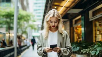 Blonde woman focused on her phone, standing in a busy urban street with glass buildings, green foliage, and modern shops in the background. Generative AI photo