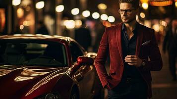 un maravilloso hombre huelgas un confidente actitud en medio de urbano la vida nocturna, con lujo rojo coche y ciudad luces. generativo ai foto