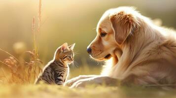 Dog and cat, cute pets. Web banner with copy space. Generative AI photo