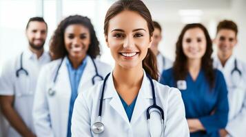 Happy young female doctor, medical uniform, nurse, pharmacist, white isolated background. Generative AI photo