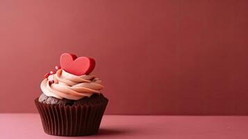 A cupcake with a heart-shaped decoration. Web banner with copy space. Generative AI photo