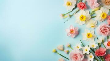 un Exquisito arreglo de Fresco primavera flores, con vibrante narcisos, rosas, y tulipanes, armoniosamente metido en contra un suave azul antecedentes. generativo ai foto