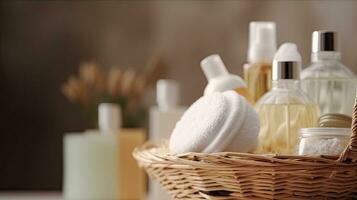 A basket of spa products. Web banner with copy space. Generative AI photo