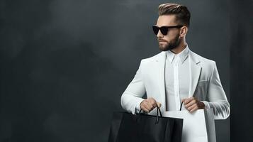 elegante hombre con Gafas de sol participación compras bolsas, exudando confianza en contra un oscuro degradado antecedentes. generativo ai foto