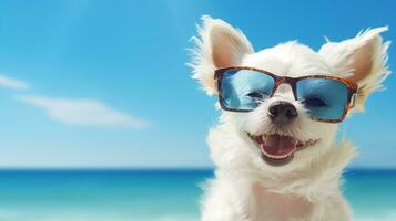 Cute dog in sunglasses, funny pet, summer background. Generative AI photo