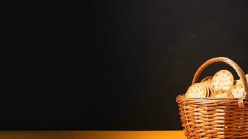 A basket of cheese and crackers. Web banner with copy space. Generative AI photo