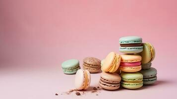 A stack of colorful macarons. Web banner with copy space. Generative AI photo