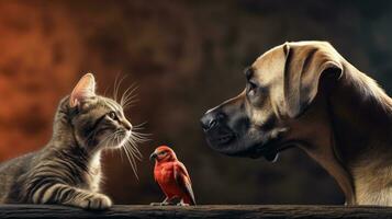 Dog and cat, cute pets. Web banner with copy space. Generative AI photo