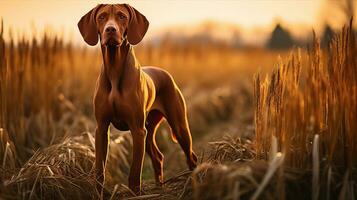 Vizsla, hunter dog in autumn field. Generative AI photo