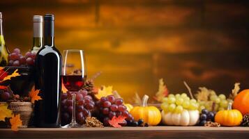 A warm autumn setup showcasing wine bottles, grapes, pumpkins, and fall leaves on a rustic wooden backdrop. Generative AI photo