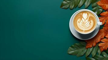 A steaming latte with intricate foam art rests on a teal backdrop, surrounded by vibrant monstera and other tropical leaves. Generative AI photo