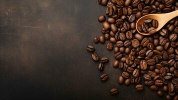 Top view of roasted coffee beans scattered on a dark textured surface with a wooden spoon. Generative AI photo