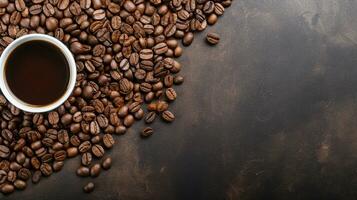 Steaming cup of coffee surrounded by aromatic roasted beans on a rustic wooden backdrop. Generative AI photo