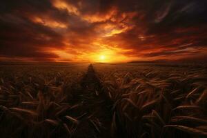 Sunset over wheat field. Nature composition. 3D render, sunset over the field, AI Generated photo