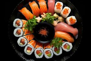 Sushi set with salmon, tuna, shrimp, caviar, wasabi and ginger on black background, Sushi set on a black plate on a Black background, top view, AI Generated photo